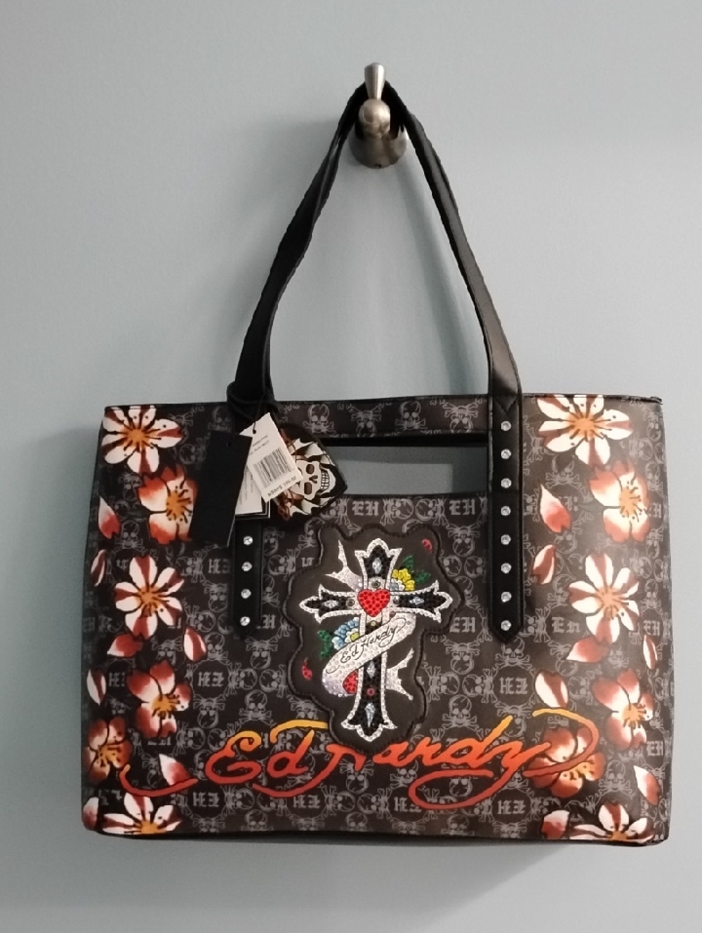 Ed Hardy Black Floral Tote with Cross Patch and Orange Script